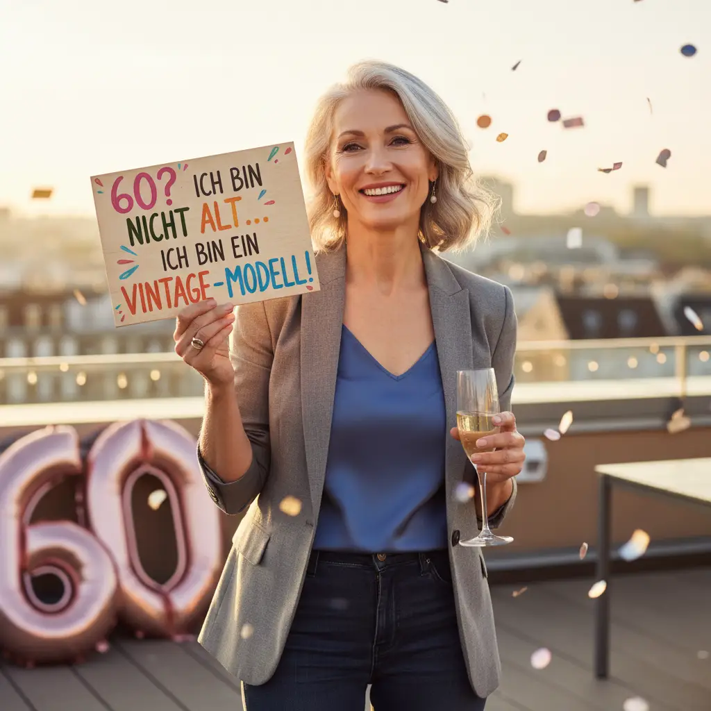 Eine Frau feiert ihren 60. Geburtstag mit einem lustigen Spruch