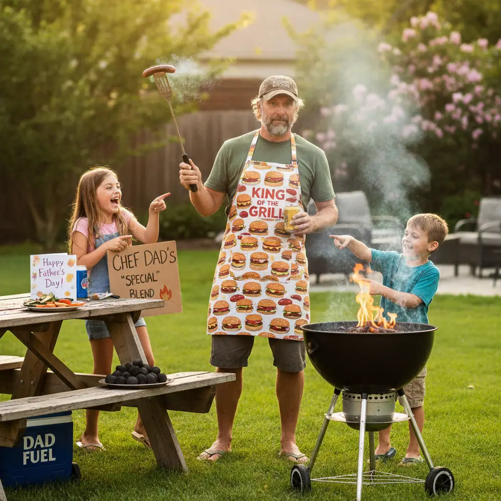 Ein Mann steht mit seinen Kindern am Vatertag an einem Grill