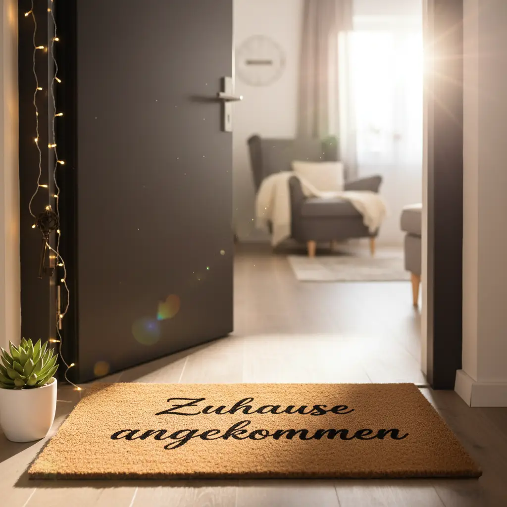 Türmatte mit Spruch vor einer Wohnungstür