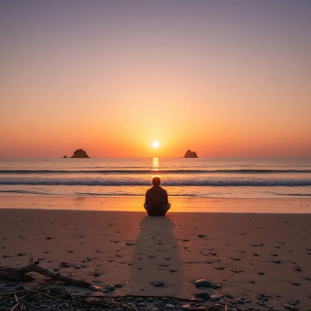 Eine Person sitzt nachdenklich bei Sonnentuntergang am Strand