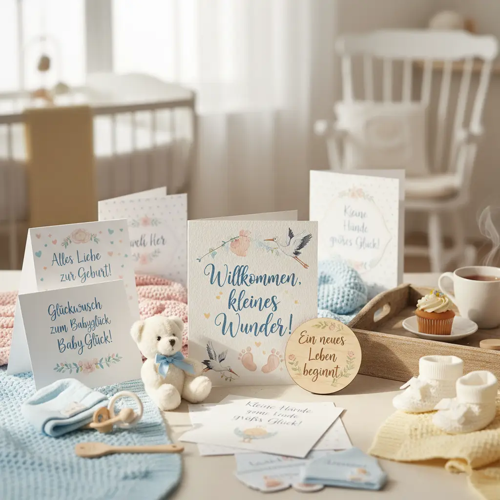 Tisch mit Geschenken und Grußkarten mit Sprüchen zur Geburt