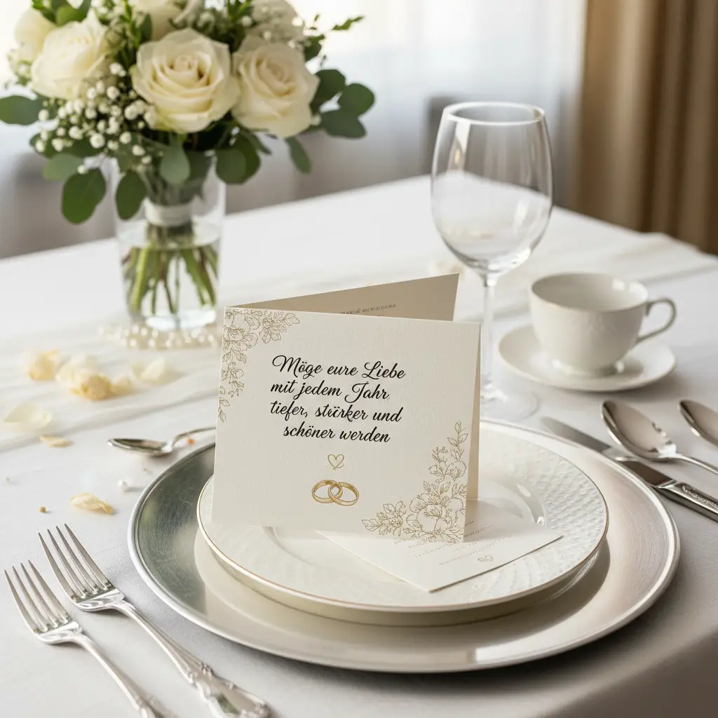 Eine Glückwunschkarte mit einem Spruch zur Hochzeit auf einem gedeckten Tisch