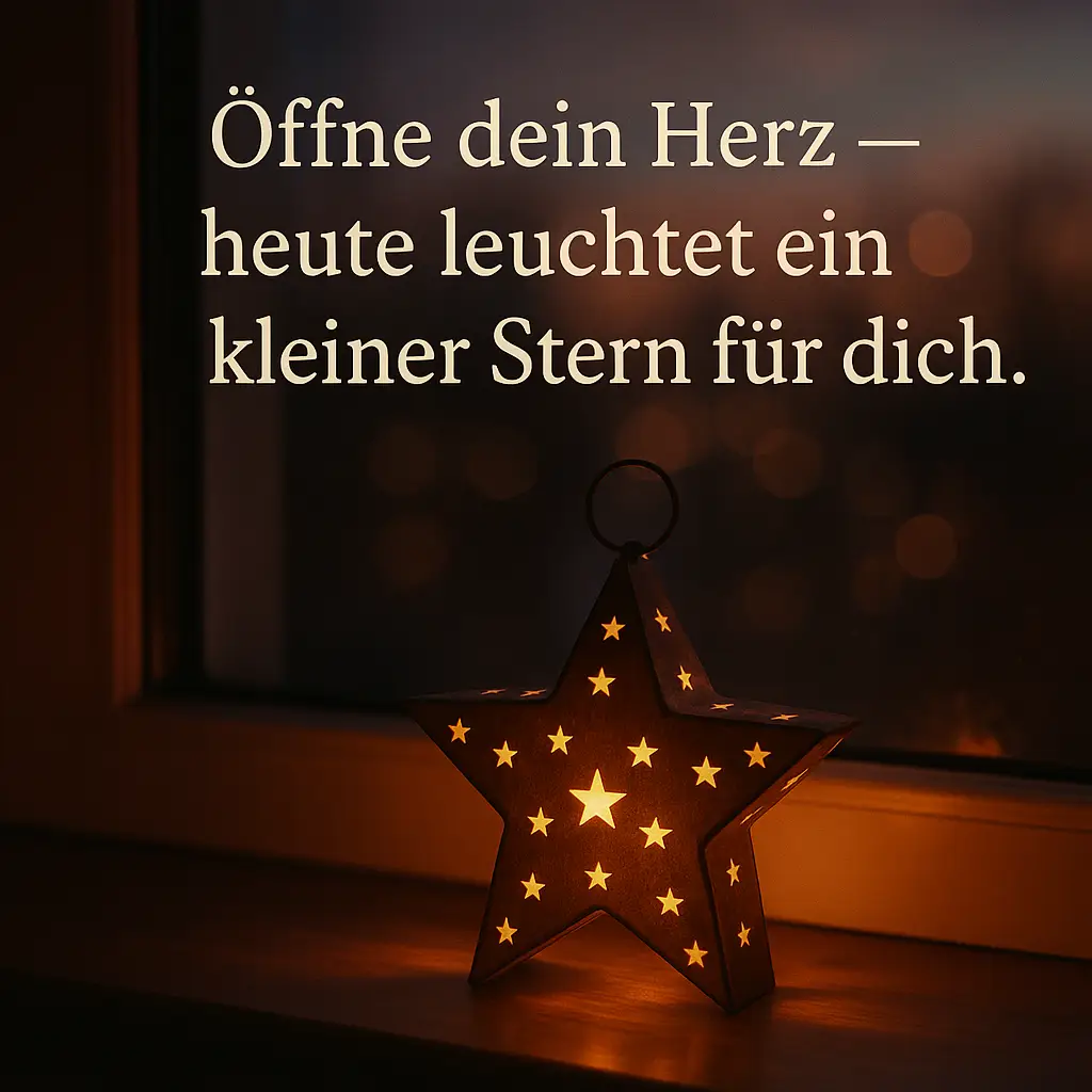 Fensterbank bei Abenddämmerung mit einer leuchtenden sternförmigen Laterne; Text: 'Öffne dein Herz — heute leuchtet ein kleiner Stern für dich.'