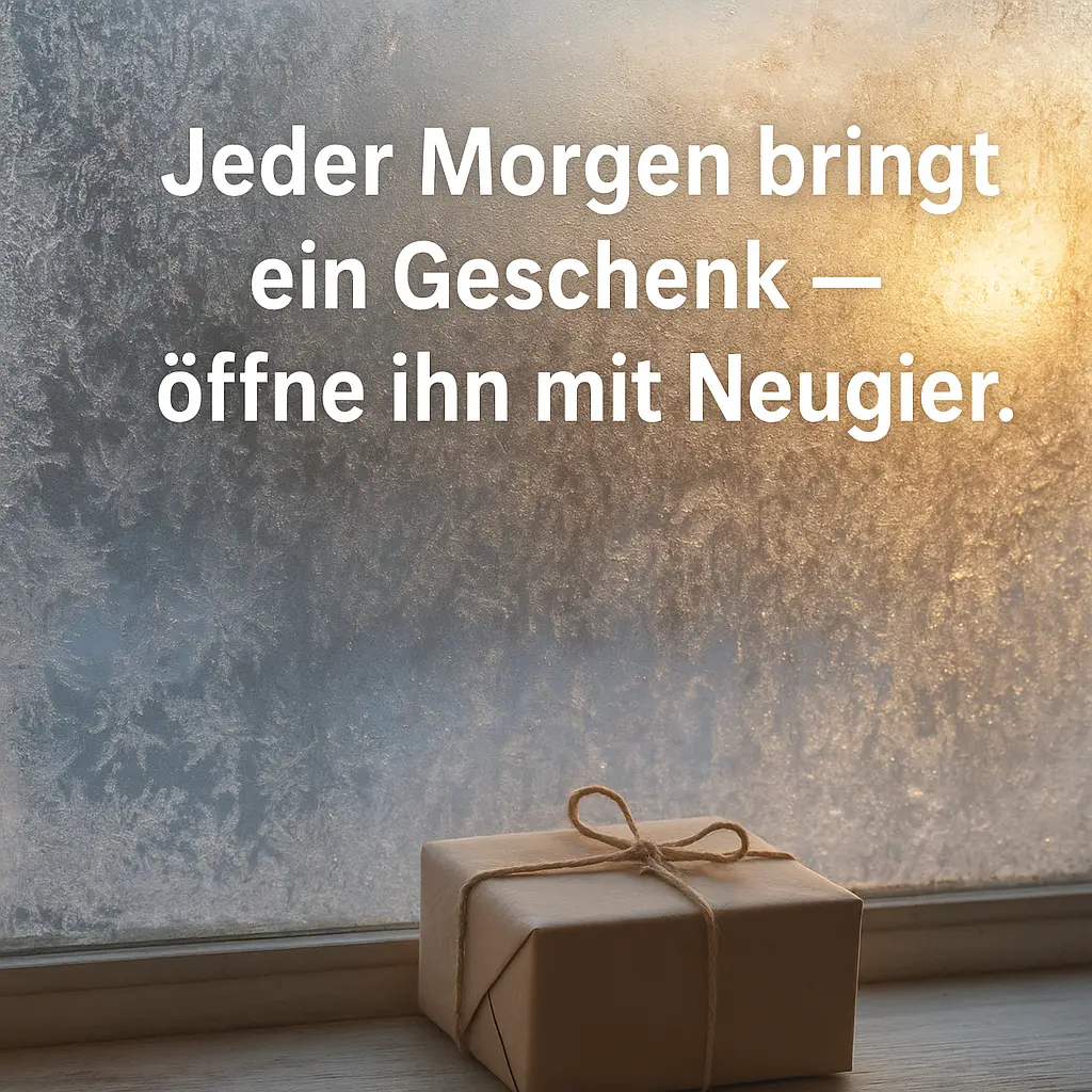 Frostiges Fenster mit Morgenlicht und einem kleinen, schlicht verpackten Geschenk auf der Fensterbank; Text: 'Jeder Morgen bringt ein Geschenk — öffne ihn mit Neugier.'