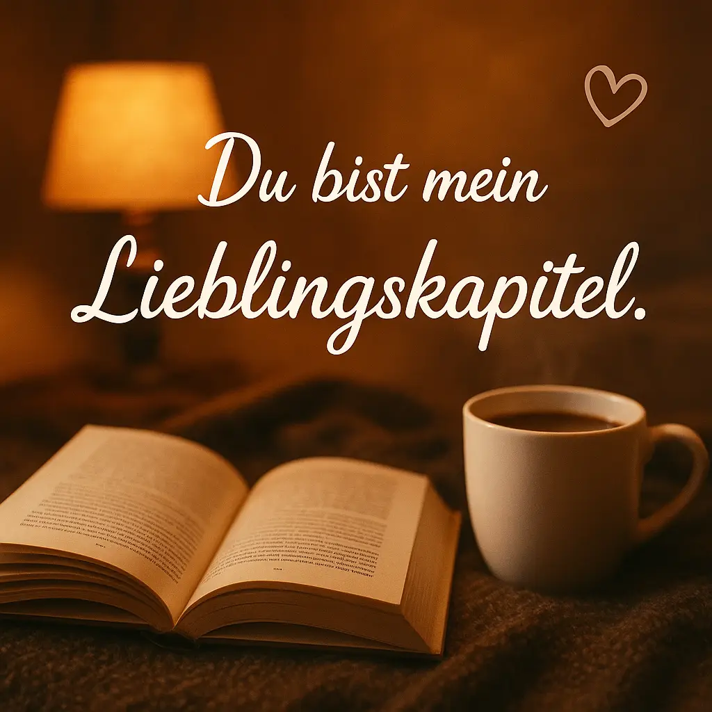 Gemütliche Leseecke mit offenem Buch und Tasse im warmen Licht. Text: 'Du bist mein Lieblingskapitel.'