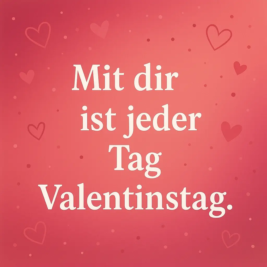 Roter bis pinker Farbverlauf mit kleinen Herz-Silhouetten. Text: 'Mit dir ist jeder Tag Valentinstag.'