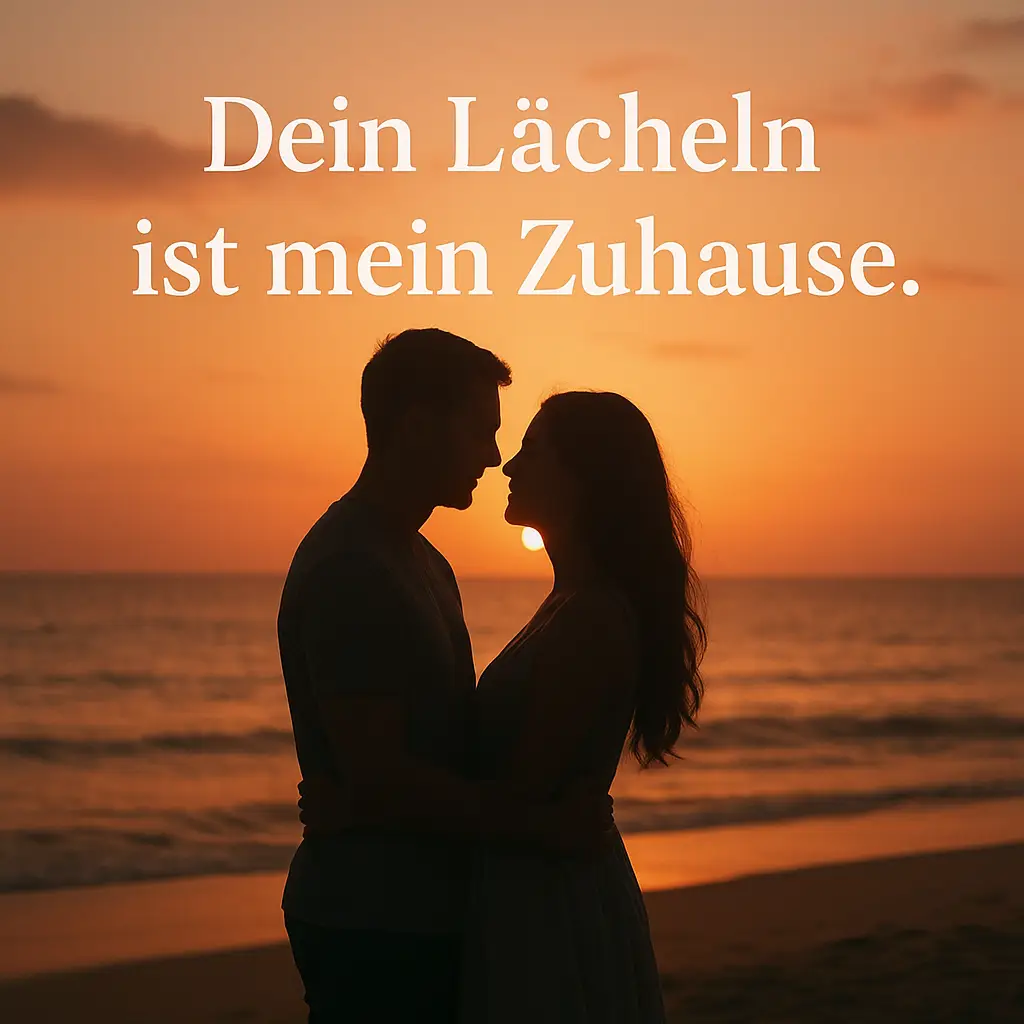 Paar-Silhouette am Sonnenuntergang am Strand. Text: 'Dein Lächeln ist mein Zuhause.'
