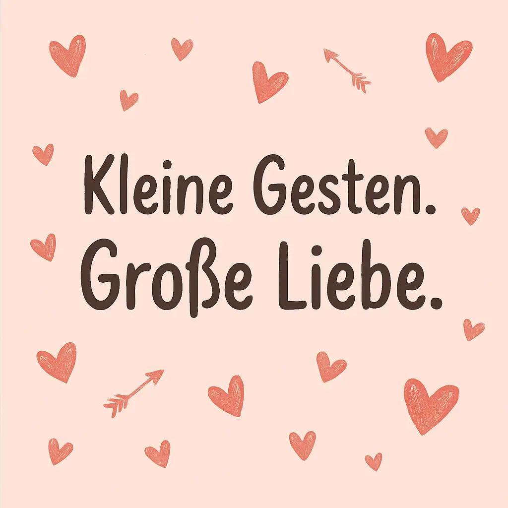 Heller Blush-Hintergrund mit kleinen handgezeichneten Herzen. Text: 'Kleine Gesten. Große Liebe.'