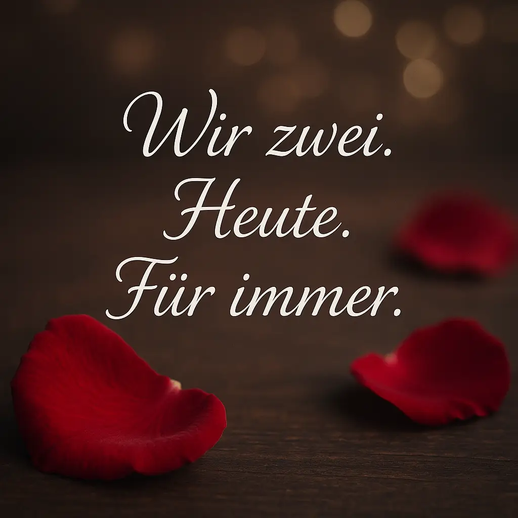 Rote Rosenblätter auf dunklem Holz mit weichem Bokeh. Text: 'Wir zwei. Heute. Für immer.'