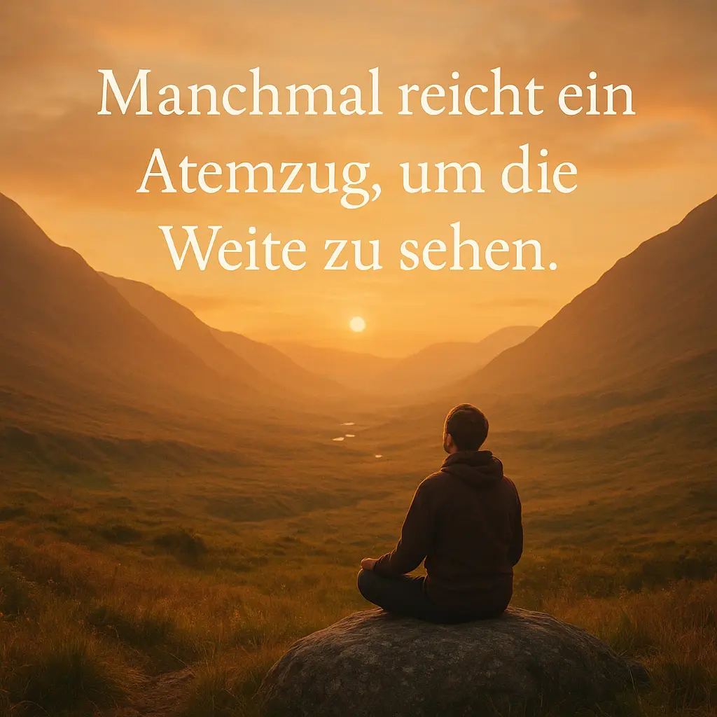 Person auf einem Felsen am Sonnenaufgang im Tal, weite Aussicht; Text: Manchmal reicht ein Atemzug, um die Weite zu sehen.