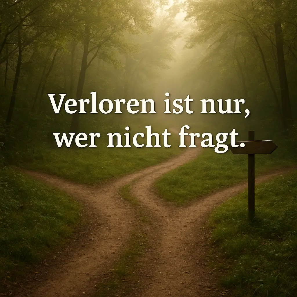 Gabelung im Wald bei Morgenlicht mit Nebel und Wegweiser; Text: Verloren ist nur, wer nicht fragt.