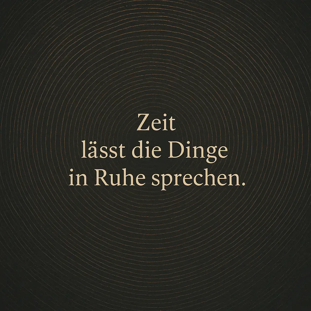 Abstrakte konzentrische Linien wie Jahresringe in Erdtönen; Text: Zeit lässt die Dinge in Ruhe sprechen.