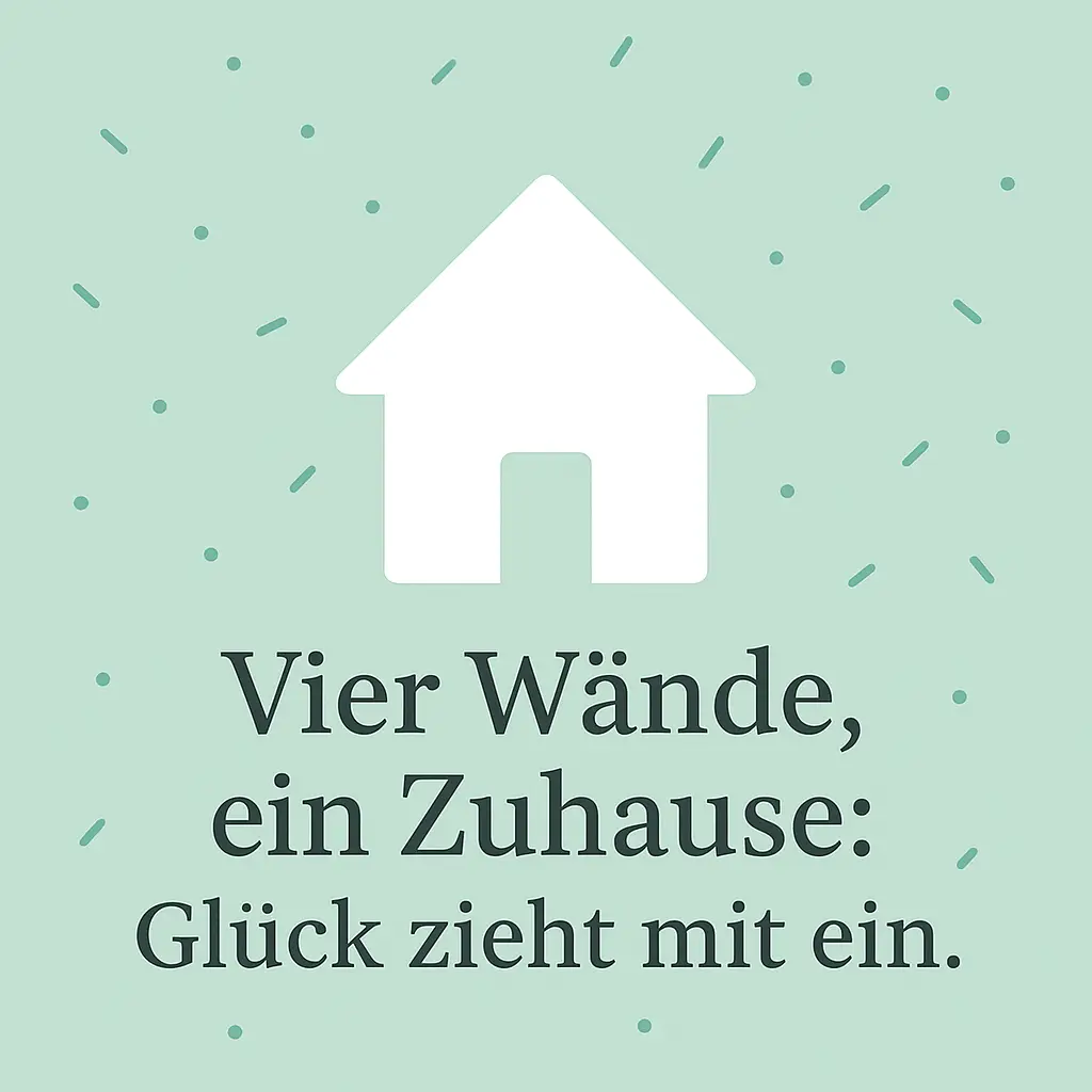 Pastellfarbener Hintergrund mit einfachem Haussymbol und Konfetti, symbolisiert Einzug und Freude.