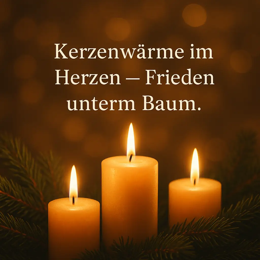 Nahaufnahme mehrerer brennender Kerzen zwischen Tannenzweigen, unscharfe warme Lichter im Hintergrund.