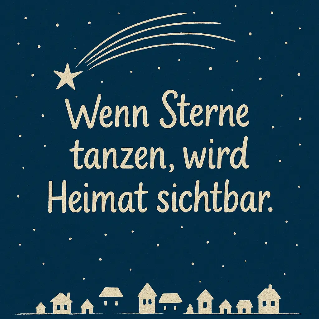 Dunkelblauer Hintergrund mit weißen, handgezeichneten Sternen und kleinen Haus-Silhouetten am unteren Bildrand. In der Mitte ist ein Spruch zu Weihnachten.