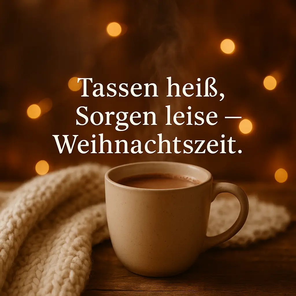 Eine dampfende Tasse auf einem Holztisch neben einer Strickdecke, verschwommene Lichter im Hintergrund.