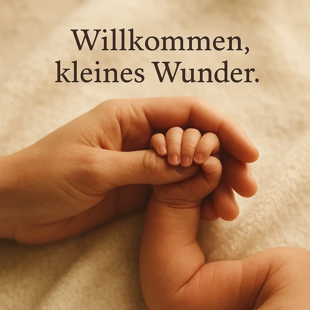 Neugeborenes in schützender Hand auf weicher Decke, warmes Licht.